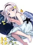  bare_shoulders barefoot bug butterfly dress flower hairband highres insect long_hair lying on_side original pillow purple_eyes purple_hair shadow solo tan_(tangent) white_background 