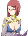  armlet bangs blunt_bangs bob_cut bodysuit book bracelet breasts bridal_gauntlets cleavage cleavage_cutout clenched_hand cosplay fire_emblem fire_emblem:_kakusei glasses hair_ornament half-closed_eyes jewelry large_breasts light_smile looking_at_viewer miriel_(fire_emblem) neck_ring open_book pink_eyes pink_hair red-framed_eyewear shougayaki_(kabayaki_3) simple_background smile solo upper_body white_background 