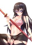  black_hair blue_eyes blush bra breasts cleavage fi-san highres jinryou_karen katana large_breasts navel ore_ga_ojou-sama_gakkou_ni_&quot;shomin_sample&quot;_toshite_rachirareta_ken panties panties_under_pantyhose pantyhose pink_bra solo sword torn_clothes torn_legwear transparent_background underwear underwear_only weapon 