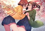  brown_hair flower hiryuu_(kantai_collection) holding_hands iruma_(ikutomi) japanese_clothes kantai_collection long_hair multiple_girls one_eye_closed open_mouth short_hair smile souryuu_(kantai_collection) twintails 