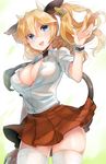  animal_ears ass_visible_through_thighs blonde_hair blue_eyes blush breasts cleavage cow_ears cow_girl cow_horns cow_tail ear_tag horns large_breasts long_hair looking_at_another naso4 open_mouth original short_sleeves skirt smile solo tail thighhighs twintails white_legwear 