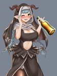  ;d blue_hair blush bottle braid breasts cleavage draph drunk granblue_fantasy habit hakuduki18 hand_on_own_cheek highres horns lamretta large_breasts long_hair looking_at_viewer navel navel_cutout nun one_eye_closed open_mouth pantyhose pinky_out pointy_ears smile solo twin_braids 