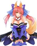  animal_ears bare_shoulders bow breasts cleavage detached_sleeves fate/extra fate_(series) fox_ears fox_tail hair_ribbon japanese_clothes large_breasts long_hair pink_hair ribbon ryuushou simple_background solo tail tamamo_(fate)_(all) tamamo_no_mae_(fate) twintails white_background yellow_eyes 
