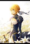  :| ahoge anyotete artoria_pendragon_(all) blonde_hair breasts closed_mouth dress excalibur fate/stay_night fate_(series) flower green_eyes juliet_sleeves long_sleeves petals puffy_sleeves saber small_breasts solo sword type-moon weapon wind 