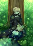  ahoge artoria_pendragon_(all) blonde_hair breasts dark_persona dress fate/stay_night fate_(series) grass hand_on_another's_head highres lap_pillow looking_at_another multiple_girls nashoki saber saber_alter small_breasts tree yellow_eyes 