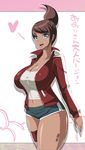  :d asahina_aoi bandages blue_eyes breasts brown_hair cleavage collarbone commentary_request danganronpa danganronpa_1 dark_skin hair_ornament hairclip heart huge_breasts jacket looking_at_viewer navel open_mouth ponytail short_shorts shorts smile solo thigh_strap track_jacket yunioshi 