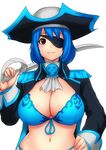  adapted_costume amagi_brilliant_park bikini blue_bikini blue_hair breasts cleavage cosplay erkaz eyepatch hand_on_hip hat highres huge_breasts looking_at_viewer original pirate pirate_hat red_eyes rina_atherina sento_isuzu short_hair smile solo swimsuit sword weapon 