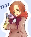  :d birthday blush box coat dated gift gift_box heart keikou_midori_(753064) long_sleeves mark_sieben open_mouth orange_hair outline scarf shiny shiny_hair short_hair smile solo soukyuu_no_fafner stuffed_toy toomi_maya yellow_eyes younger 