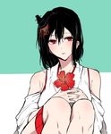  asakawa_(outeq) bad_id bad_twitter_id bare_shoulders black_hair collarbone commentary detached_sleeves flower hair_ornament japanese_clothes kantai_collection looking_at_viewer nontraditional_miko red_eyes short_hair simple_background sitting solo yamashiro_(kantai_collection) 