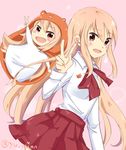  blonde_hair blush brown_eyes chibi commentary_request doma_umaru dual_persona hamster_costume himouto!_umaru-chan hood komaru long_hair multiple_girls open_mouth skirt smile yuumi_(111512) 