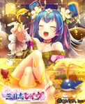  :d ^_^ bare_shoulders barefoot blue_hair blush closed_eyes collar collarbone crossed_legs feet hair_ornament honey japanese_clothes kimono long_hair open_mouth oratta_ad_account sangokushi_rave smile soles solo toes 