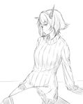 bangs breasts commentary_request dress greyscale headgear highres kantai_collection kneehighs large_breasts looking_at_viewer monochrome mutsu_(kantai_collection) niwatazumi ribbed_sweater shadow short_hair sitting sketch smile solo sweater sweater_dress 