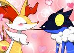  blush braixen closed_eyes food frogadier gen_6_pokemon heart no_humans pink_background pocky pocky_day pocky_kiss pokemon pokemon_(creature) ramune_dama shared_food simple_background sparkle upper_body yellow_sclera 
