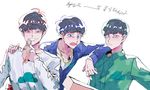  alternate_eye_color arm_around_shoulder arm_on_shoulder arm_rest black_hair brothers chain chomo_(eeaslwl) gloves gold_chain green_eyes grin highres jewelry jumpsuit korean long_sleeves male_focus matsuno_choromatsu matsuno_karamatsu matsuno_osomatsu mouth_hold multiple_boys necklace open_mouth osomatsu-kun osomatsu-san red_eyes siblings simple_background smile white_background 