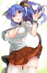  animal_ears blue_eyes blue_hair blush breasts cleavage cow_ears cow_girl cow_horns cow_tail ear_tag horns large_breasts long_hair looking_at_another naso4 open_mouth original short_sleeves skirt smile solo tail thighhighs twintails white_legwear 