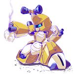  cannon clenched_hand green_eyes joints mecha medarot metabee no_humans one_knee robot simple_background smoke solo turret weapon white_background 