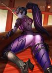  ass back_tattoo backless_outfit badcompzero bare_back bodysuit gloves gun head_mounted_display high_heels looking_at_viewer looking_back overwatch pink_bodysuit ponytail purple_hair purple_skin rifle sniper_rifle solo spider_tattoo tattoo thighs visor weapon widowmaker_(overwatch) yellow_eyes 