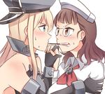  bangs bare_shoulders bismarck_(kantai_collection) blonde_hair blue_eyes blunt_bangs blush breast_press breasts brown_eyes brown_hair capelet detached_sleeves food glasses gloves hat headdress holding_hands ido_(teketeke) kantai_collection long_hair looking_at_another military military_hat military_uniform multiple_girls peaked_cap pince-nez pocky pocky_day pocky_kiss roma_(kantai_collection) shared_food simple_background sweat symmetrical_docking uniform wavy_hair white_background yuri 