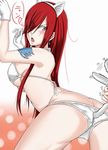  animal_ears ass bare_shoulders blush breasts brown_eyes butt_crack cat_ears cat_tail earrings erza_scarlet fairy_tail from_behind gloves hair_over_one_eye highres jewelry large_breasts long_hair murabito_sono2 open_mouth panties red_hair solo_focus tail tail_grab underwear 