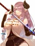  black_gloves breasts demon_horns draph elbow_gloves gloves granblue_fantasy hair_over_one_eye horns iruma_(ikutomi) large_breasts lavender_hair long_hair narmaya_(granblue_fantasy) pointy_ears simple_background smile solo sword weapon white_background 