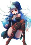  :o bandaid bandaid_on_face bandaid_on_shoulder black_legwear blue_hair blurry cross-laced_clothes depth_of_field hat highres jewelry kajaneko knees_together_feet_apart long_hair looking_at_viewer necklace original red_eyes ribbon solo thighhighs white_background 