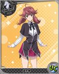 ahoge artist_request brown_eyes brown_hair card_(medium) character_name chess_piece high_school_dxd knight_(chess) kuoh_academy_school_uniform meguri_tomoe official_art orange_background school_uniform skirt smile solo trading_card twintails 