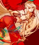  absurdly_long_hair arm_behind_back ass bangs bent_over bird_tail bow breasts cleavage fujiwara_no_mokou glowing glowing_eye hair_bow highres l5_(nanbabodaaa) light_smile lips long_hair looking_back looking_to_the_side medium_breasts midriff nail_polish navel off_shoulder pants pointy_nose red_background red_eyes red_lips red_nails red_pants shirt short_sleeves simple_background solo suspenders talisman torn_clothes torn_shirt touhou very_long_hair white_hair yellow_pupils 