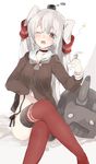  amatsukaze_(kantai_collection) blush brown_eyes crossed_legs dress gloves hair_twirling kantai_collection lifted_by_self long_hair red_legwear rensouhou-kun sailor_dress short_dress silver_hair sino_(sionori) sleepy solo tears thighhighs twitter_username two_side_up wavy_mouth wince 