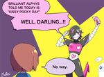  androgynous android black_hair blush boots brown_hair english food frisk_(undertale) ghost hair_over_eyes hato_moa heart high_heel_boots high_heels leg_up mettaton_ex napstablook one_eye_covered pink_eyes pocky pocky_day signature speech_bubble spotlight text_focus undertale 