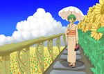  alternate_hairstyle bag blue_sky cloud colored_eyelashes day flower garden_of_the_sun hair_flower hair_ornament hair_up holding holding_bag holding_umbrella japanese_clothes kazami_yuuka kimono long_sleeves looking_afar looking_down nomu_haji obi parasol railing red_eyes sash sidelocks sky smile solo standing stone touhou umbrella yukata zouri 