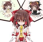  &gt;:( :d angel angel_and_devil angel_wings bare_shoulders bell black_dress blush bow brown_hair coin commentary_request d: demon_girl demon_horns demon_tail detached_sleeves dress fang finger_wagging frown gold green_eyes hachimi hair_bow hair_tubes hakurei_reimu head_wings highres horns koban_(gold) large_bow multiple_girls open_mouth orange_eyes shaded_face shoulder_angel shoulder_devil simple_background smile socks sparkle sweatdrop tail touhou trembling tsurime turn_pale v-shaped_eyebrows whispering white_background white_dress wings yellow_eyes 