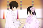  1girl bad_id bad_pixiv_id black_hair chitanda_eru couple green_eyes hetero holding_hands hyouka japanese_clothes kimono long_hair malo_ni oreki_houtarou purple_eyes short_hair uchikake wedding 