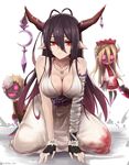  antenna_hair bandaged_arm bandages black_gloves black_hair breasts cleavage crescent danua doll draph dress fingerless_gloves gloves granblue_fantasy hair_between_eyes highres horn_ornament horns jewelry large_breasts long_hair looking_at_viewer necklace pointy_ears red_eyes solo white_dress yukihama 
