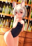  absurdres animal_ears bare_arms blush bottle flat_chest glass_bottle hand_on_own_chest highres indoors leotard mouse_ears mouse_tail nazrin nose_blush one-piece_swimsuit playboy_bunny_leotard red_eyes rumaki short_hair silver_hair smile solo standing swimsuit tail touhou v 