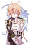  armor blonde_hair boots cross-laced_footwear crossed_legs japanese_armor lace-up_boots legwear_under_shorts male_focus mayokichi monoyoshi_sadamune pantyhose pantyhose_under_shorts print_legwear shorts shoulder_armor smile sode solo suspenders touken_ranbu yellow_eyes 
