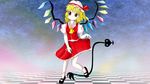  ascot ayashii_(feba) bad_id bad_pixiv_id blonde_hair commentary_request flandre_scarlet full_body hat highres laevatein oota_jun'ya_(style) parody red_eyes ribbon short_hair side_ponytail skirt solo style_parody touhou wings 
