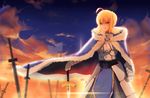  absurdres ahoge armor armored_dress artoria_pendragon_(all) blonde_hair blue_cape blue_eyes cape cloud excalibur fate/stay_night fate_(series) field_of_blades flag fur-trimmed_cape fur_trim gauntlets highres maomi_wushi planted_sword planted_weapon saber sky solo sword type-moon weapon 