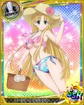  asia_argento bikini bishop_(chess) blonde_hair blue_bikini bracelet breasts card_(medium) character_name chess_piece eyebrows eyebrows_visible_through_hair flower green_eyes hat high_school_dxd holding jewelry long_hair looking_at_viewer medium_breasts necklace official_art shiny shiny_skin side-tie_bikini smile solo swimsuit trading_card underboob 