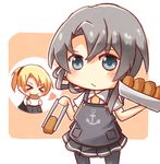  &gt;_&lt; anchor_symbol apron asymmetrical_hair bangs blonde_hair blush chibi closed_eyes commentary_request croquette eating flipped_hair food gasuto_(kamikami) grey_legwear heart kantai_collection long_hair looking_at_viewer lowres maikaze_(kantai_collection) multiple_girls nowaki_(kantai_collection) pantyhose parted_bangs pleated_skirt ponytail school_uniform scrunchie serafuku short_hair silver_eyes silver_hair skirt swept_bangs tweezers 