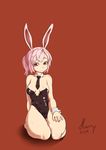  animal_ears arm_behind_back bad_id bad_pixiv_id bare_legs bare_shoulders barefoot breasts brown_background brown_eyes bunny_ears bunnysuit collarbone covered_navel dated detached_collar elin_(tera) full_body harry_(dudwofla) highres leotard long_hair medium_breasts necktie pink_hair ponytail seiza signature simple_background sitting smile solo tera_online thighs wrist_cuffs 