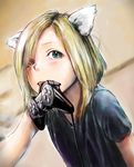  animal_ears aqua_eyes blonde_hair cat_ears controller derivative_work game_console game_controller mouth_hold photo-referenced playstation shirt short_hair solo stdl t-shirt 