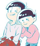  720_72 :3 alternate_costume black_hair brothers casual clothes_around_waist hands_in_pockets hands_on_shoulders jacket_around_waist layered_clothing long_sleeves lowres male_focus matsuno_osomatsu matsuno_todomatsu multiple_boys osomatsu-kun osomatsu-san siblings simple_background smile sweater white_background 