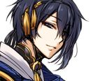  blue_eyes blue_hair japanese_clothes male_focus mayokichi mikazuki_munechika smile solo touken_ranbu upper_body 