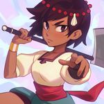  ajna_(indivisible) brown_hair commentary dark_skin hair_ornament ilya_kuvshinov indivisible pointing pointing_at_viewer short_hair solo 