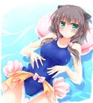  afloat animal_ears blush brown_hair covered_navel green_eyes hair_ornament long_hair looking_at_viewer lying old_school_swimsuit on_back one-piece_swimsuit original otter personification rinrin_(927413) school_swimsuit solo sweatdrop swimsuit water 