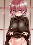  blue_eyes breasts breath clothes_lift dated glasses groin large_breasts navel original pink_hair ribbed_sweater short_hair solo sweatdrop sweater sweater_lift tokita_monta translation_request 