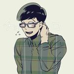  720_72 arm_behind_head bespectacled black-framed_eyewear black_hair blush character_name flying_sweatdrops glasses grey_background looking_away male_focus matsuno_choromatsu osomatsu-kun osomatsu-san plaid plaid_shirt shirt simple_background smile solo upper_body 