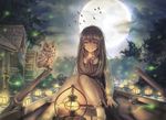  arm_support bad_id bad_pixiv_id bird boat brown_hair closed_eyes full_moon grin hitodama lantern lantern_festival long_hair moon neck_ribbon night oar original owl ribbon river scenery sho_(shoichi-kokubun) sitting smile solo tree water watercraft watermill 