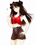  bad_id bad_pixiv_id breasts brown_hair crop_top don0074 fate/stay_night fate_(series) furrowed_eyebrows green_eyes hand_on_hip highres midriff navel sideboob small_breasts solo tank_top toosaka_rin two_side_up 