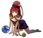 all_fours bare_shoulders barefoot black_shirt breasts chain cleavage clothes_writing collar earth_(ornament) gold_chain hat hecatia_lapislazuli long_hair medium_breasts moon_(ornament) off-shoulder_shirt open_mouth parted_lips polos_crown red_eyes red_hair shirt skirt smile solo touhou urin 
